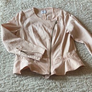 Blush colored peplum style jean jacket